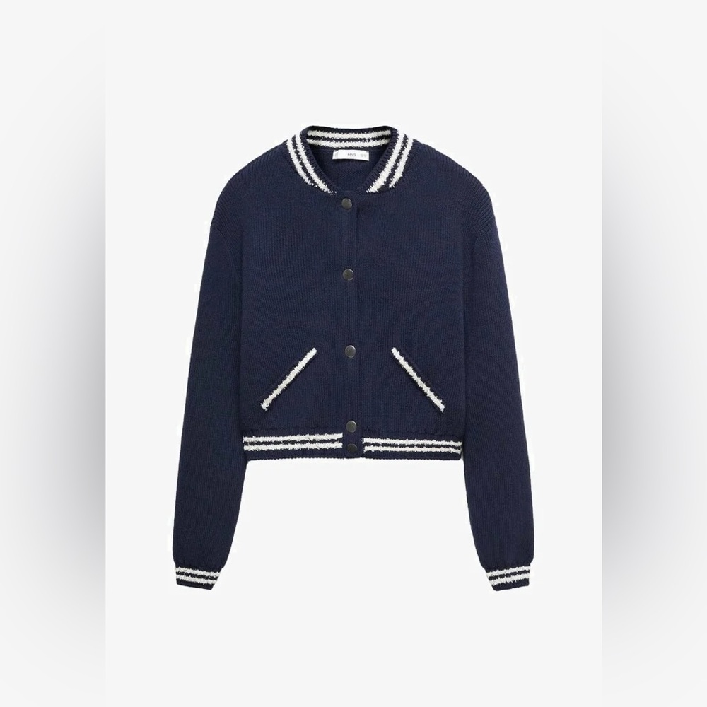 Mango Contrast Stripe Cardigan Bomber in navy and white size XS NWT